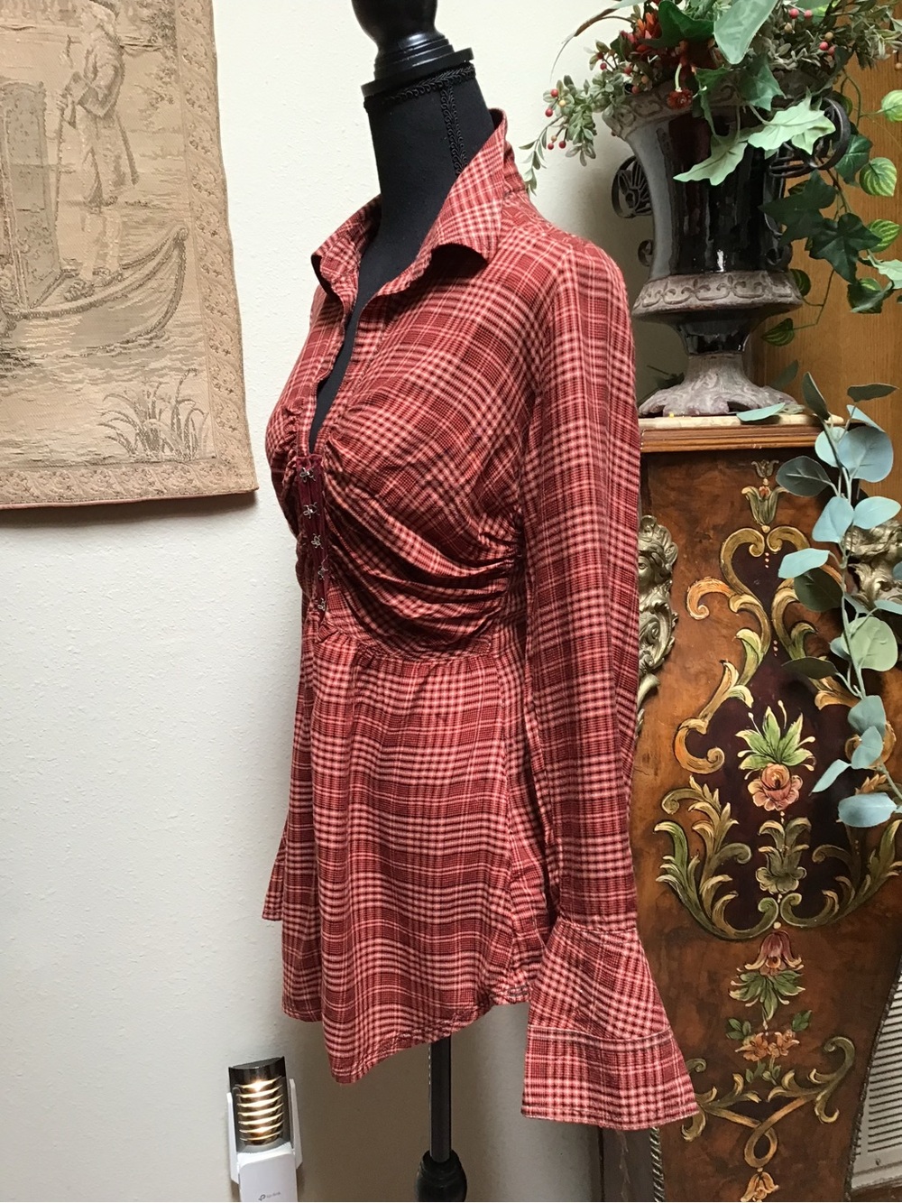 We The Free Plaid Ruched Button-Down Dress